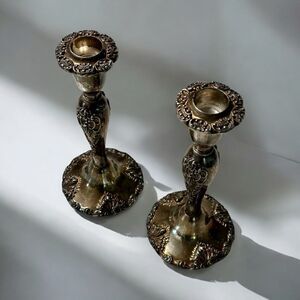 Godinger Antique Pair of Baroque Silverplated Candlestick Holders Set of 2